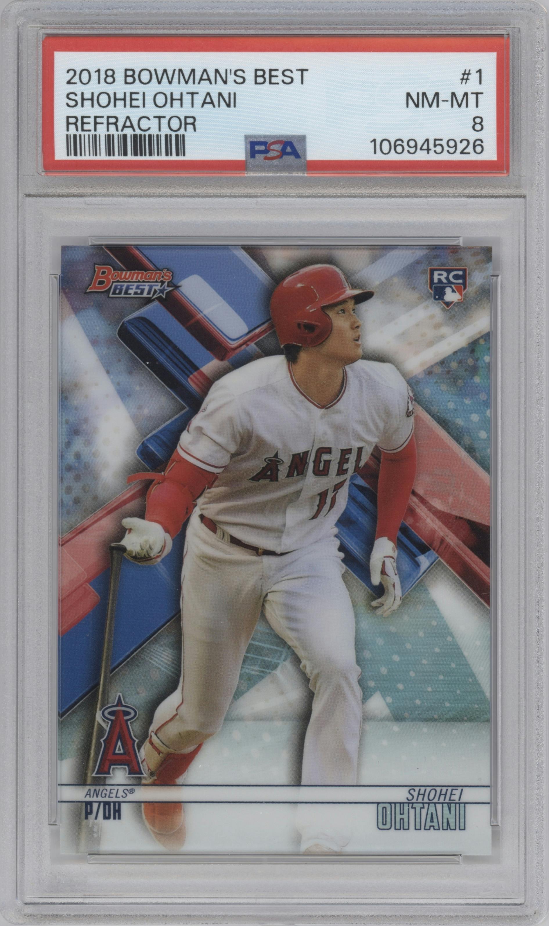 Shohei Ohtani from the 2018 Bowman’s Best set featuring a Refractor parallel graded by PSA and given an overall grade of 8.