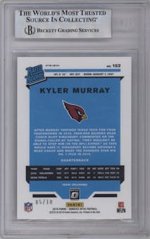 Kyler Murray from the 2019 Panini Donruss Optic set featuring a Gold parallel graded by Beckett and given an overall grade of 9.