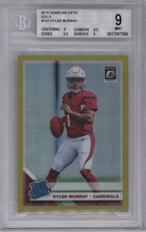 Kyler Murray from the 2019 Panini Donruss Optic set featuring a Gold parallel graded by Beckett and given an overall grade of 9.