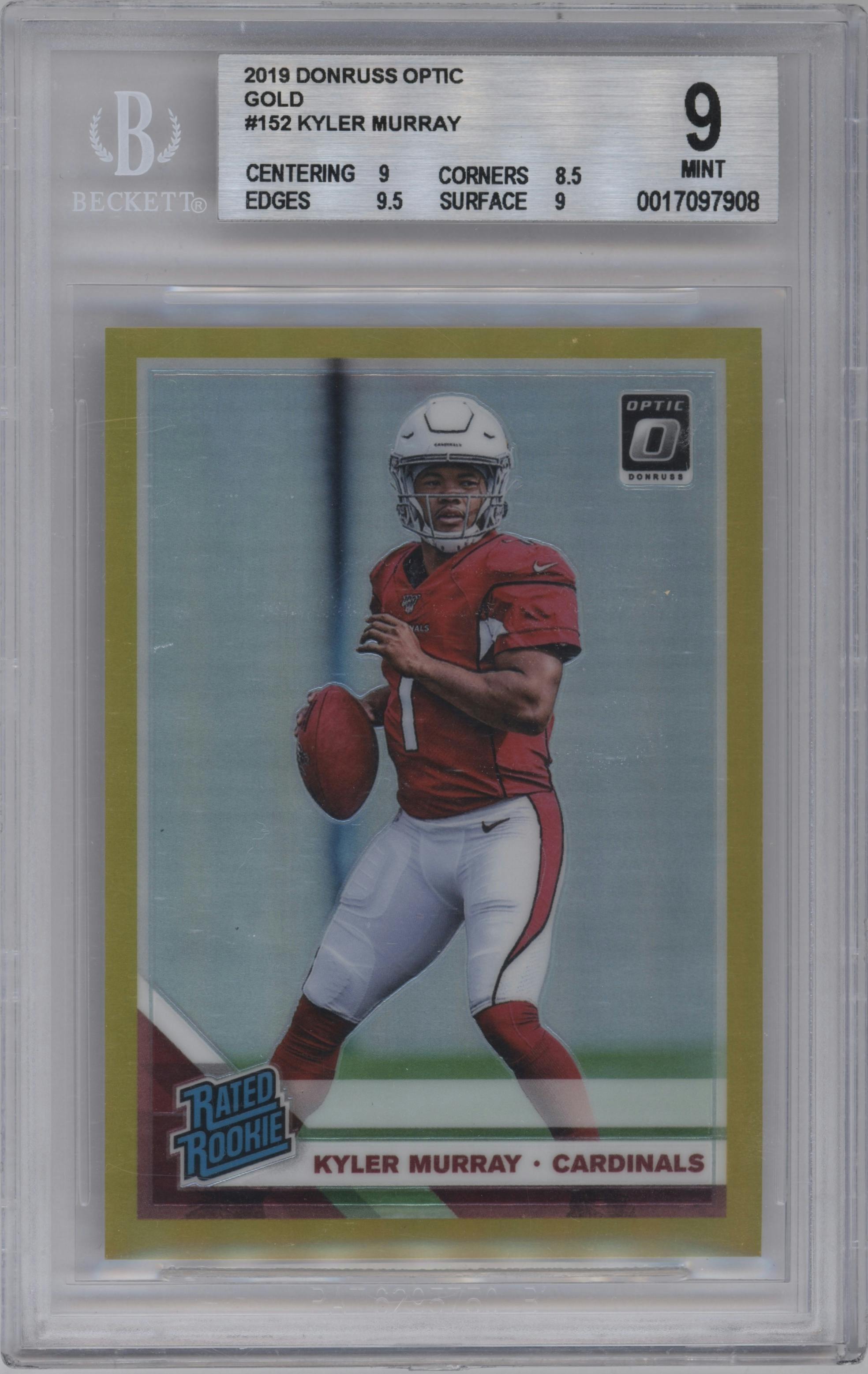 Kyler Murray from the 2019 Panini Donruss Optic set featuring a Gold parallel graded by Beckett and given an overall grade of 9.