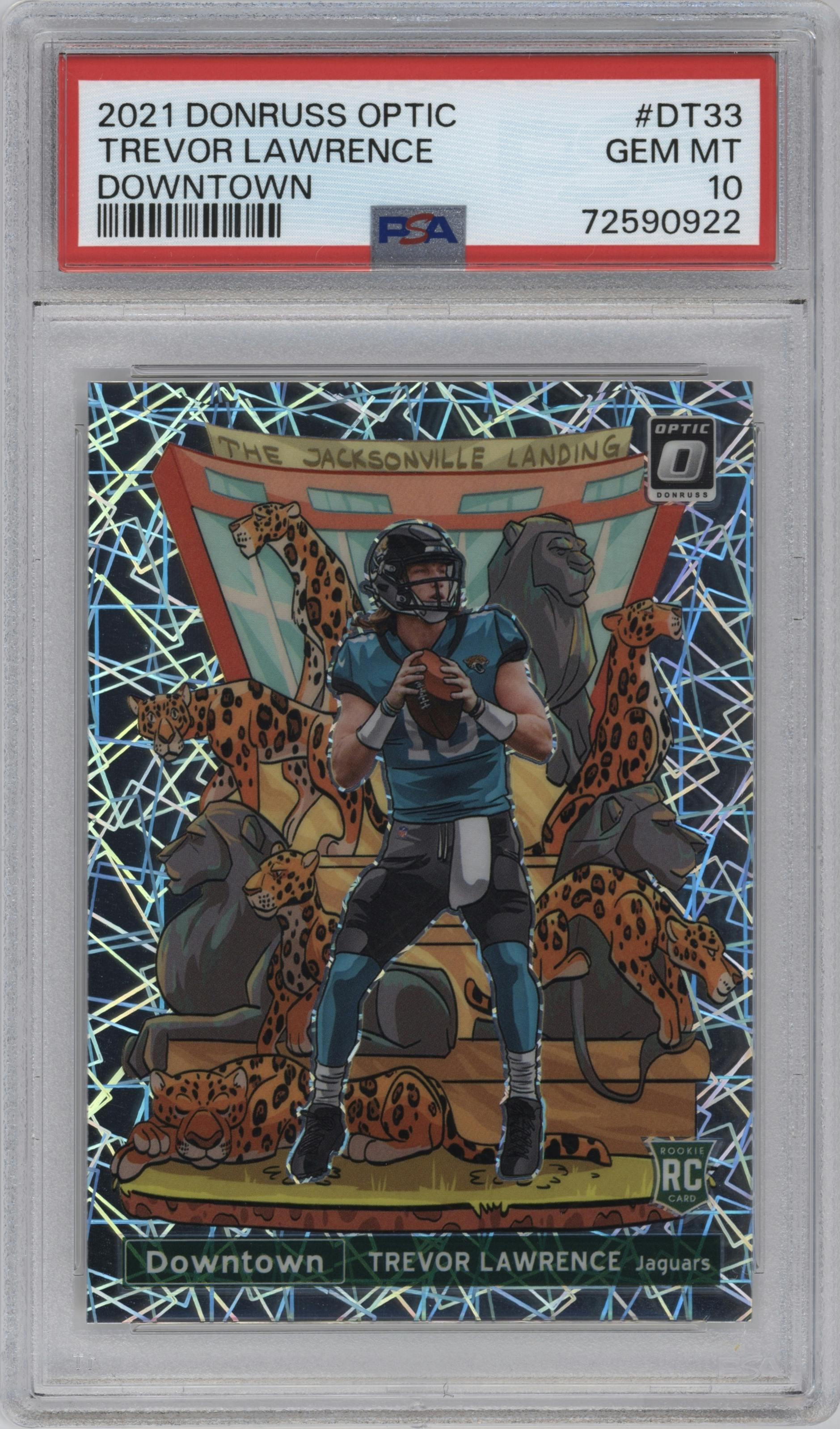Trevor Lawrence from the 2021 Panini Donruss Optic set graded by PSA and given an overall grade of 10.