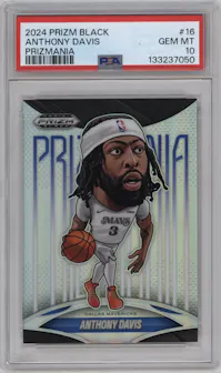 Anthony Davis from the 2024-25 Panini Prizm Black set graded by PSA and given an overall grade of 10.