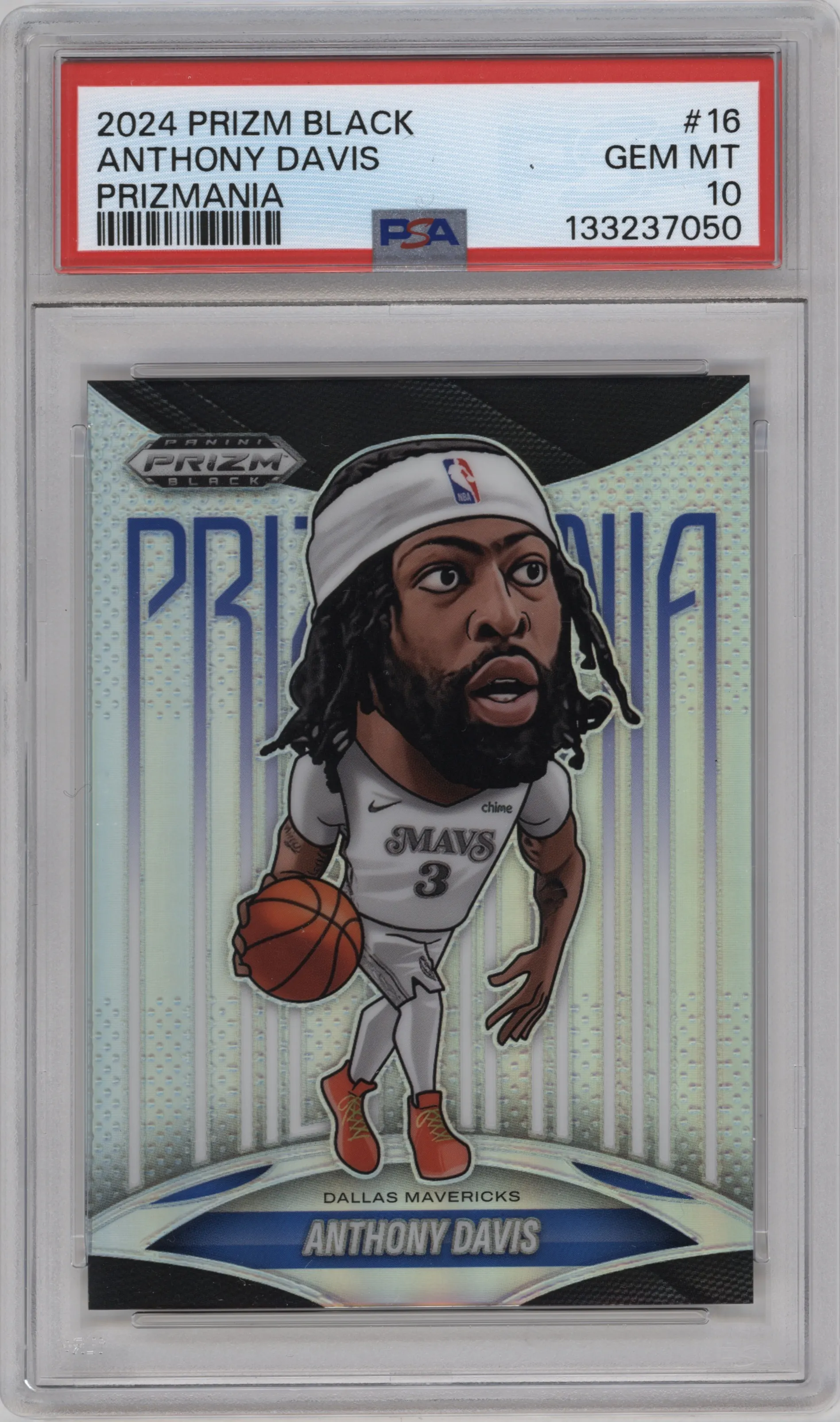 Anthony Davis from the 2024-25 Panini Prizm Black set graded by PSA and given an overall grade of 10.