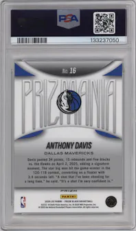Anthony Davis from the 2024-25 Panini Prizm Black set graded by PSA and given an overall grade of 10.