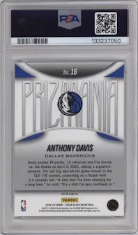 Anthony Davis from the 2024-25 Panini Prizm Black set graded by PSA and given an overall grade of 10.