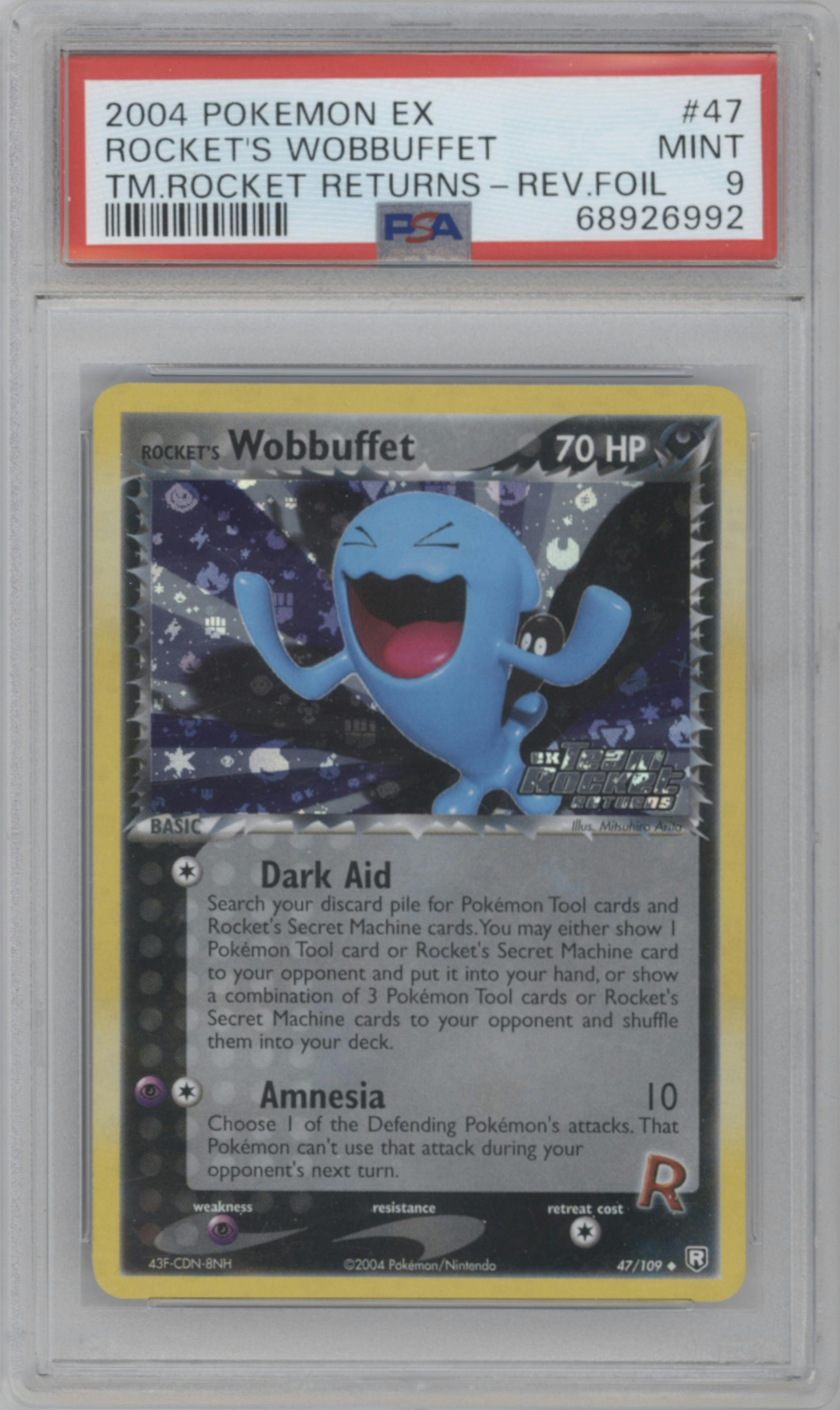 Rocket's Wobbuffet from the 2004 Pokemon EX set graded by PSA and given an overall grade of 9.