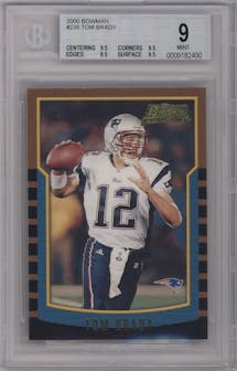 Tom Brady from the 2000 Bowman set graded by Beckett and given an overall grade of 9.