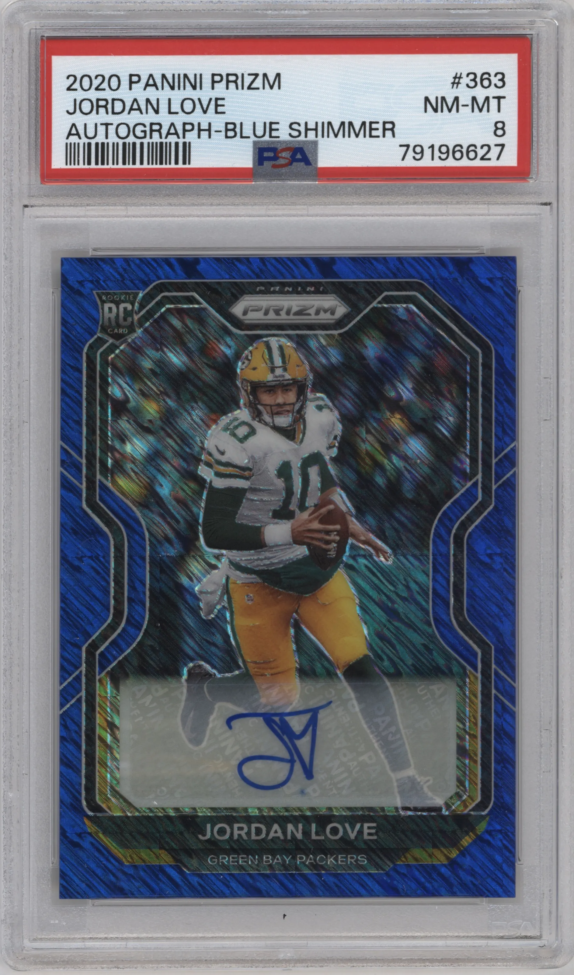 2020 Panini Prizm Rke.Auto Jordan Love Blue Shimmer Prizm PSA 8