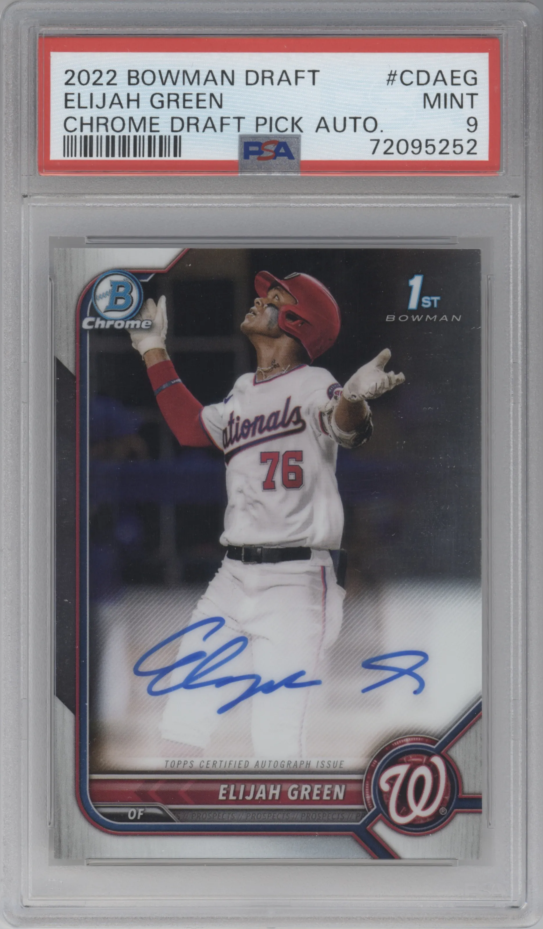 Elijah Green from the 2022 Bowman Draft set graded by PSA and given an overall grade of 9.