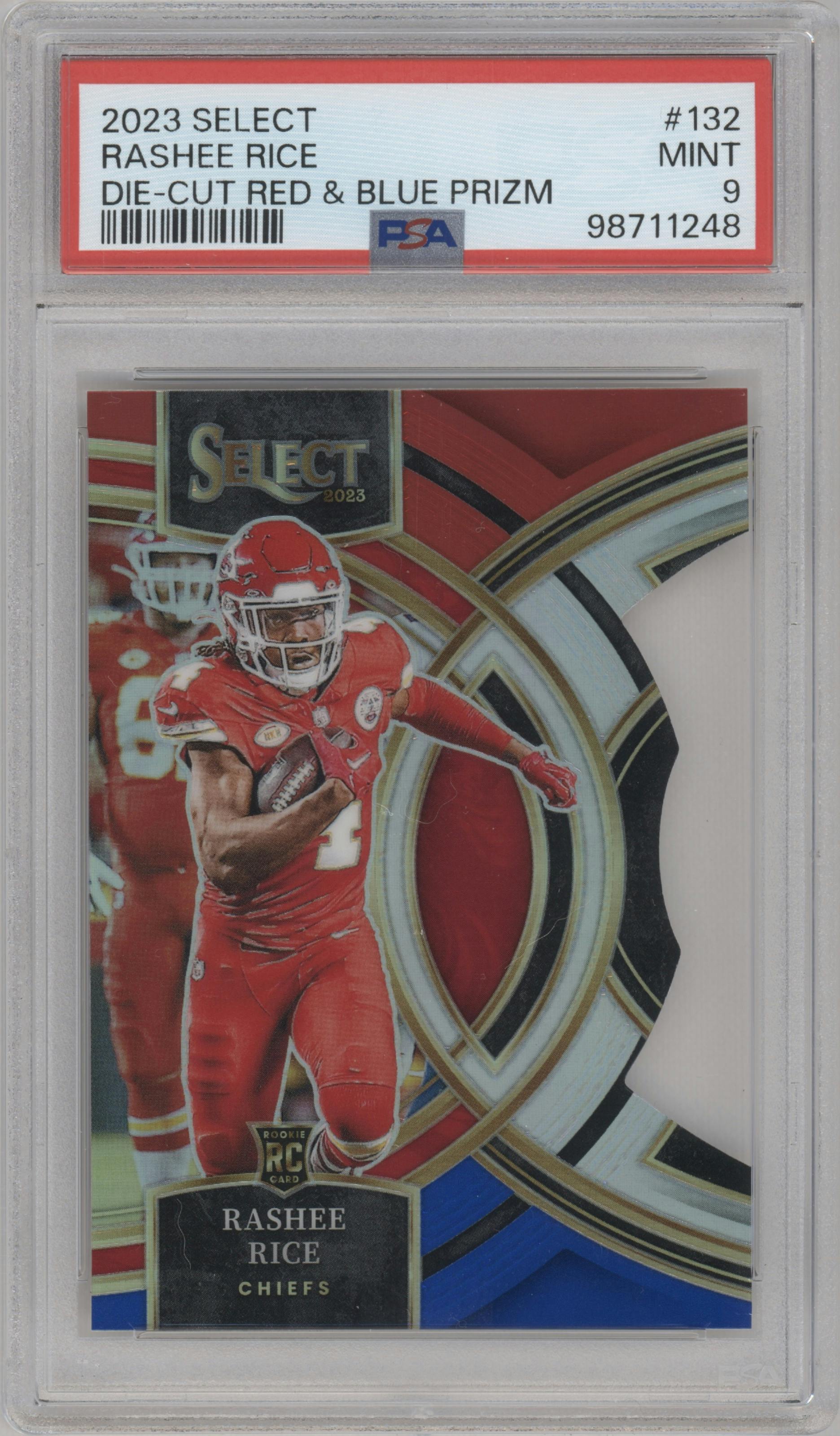 Rashee Rice from the 2023 Panini Select set featuring a Die-Cut Red/Blue parallel graded by PSA and given an overall grade of 9.