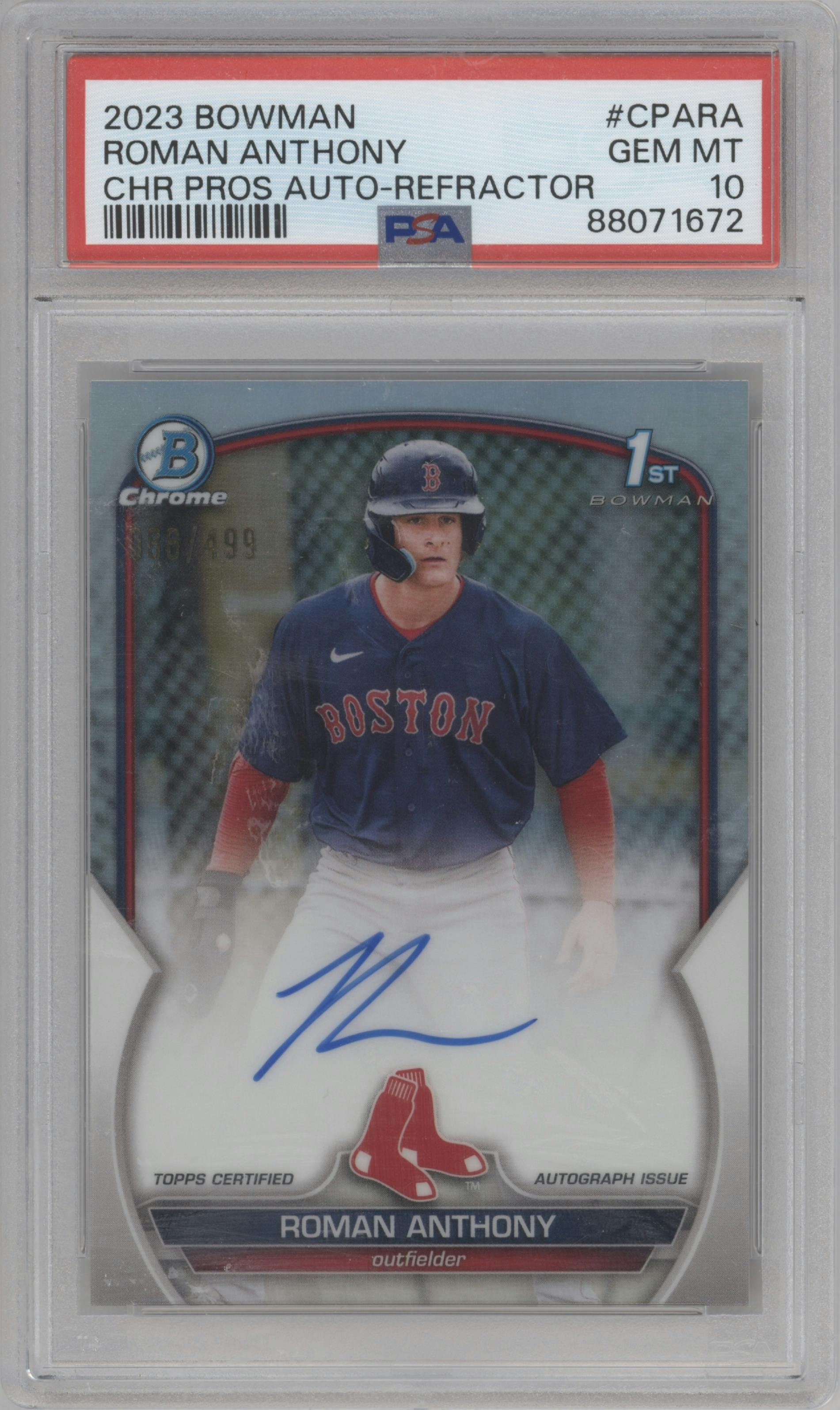 Roman Anthony from the 2023 Bowman  set featuring a Refractor parallel graded by PSA and given an overall grade of 10.