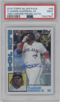 Vladimir Guerrero Jr. from the 2019 Topps Silver Pack set graded by PSA and given an overall grade of 9.