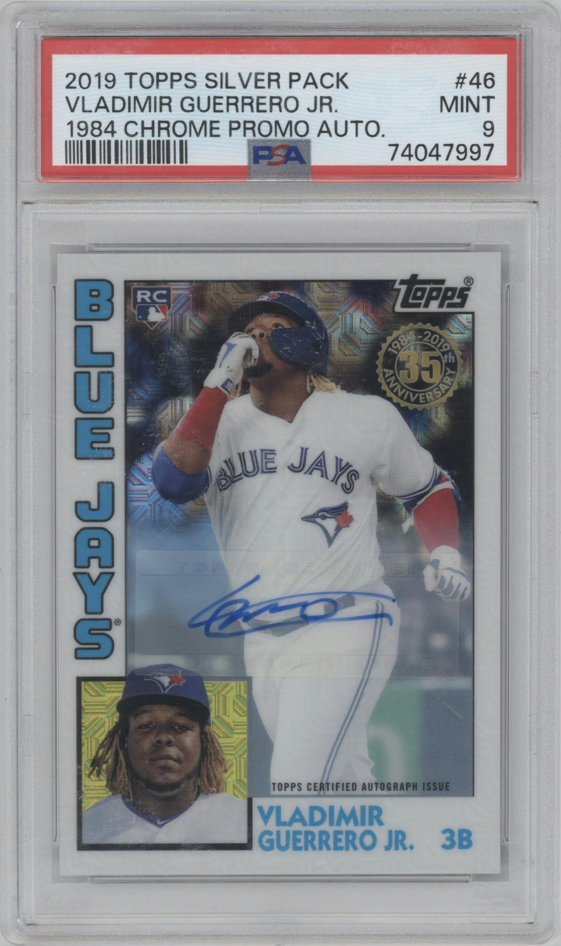 Vladimir Guerrero Jr. from the 2019 Topps Silver Pack set graded by PSA and given an overall grade of 9.