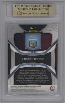 Lionel Messi from the 2022 Panini Prizm FIFA WC Qatar set featuring a White Sparkle parallel graded by Beckett and given an overall grade of 9.5.