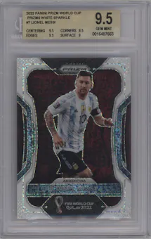 Lionel Messi from the 2022 Panini Prizm FIFA WC Qatar set featuring a White Sparkle parallel graded by Beckett and given an overall grade of 9.5.
