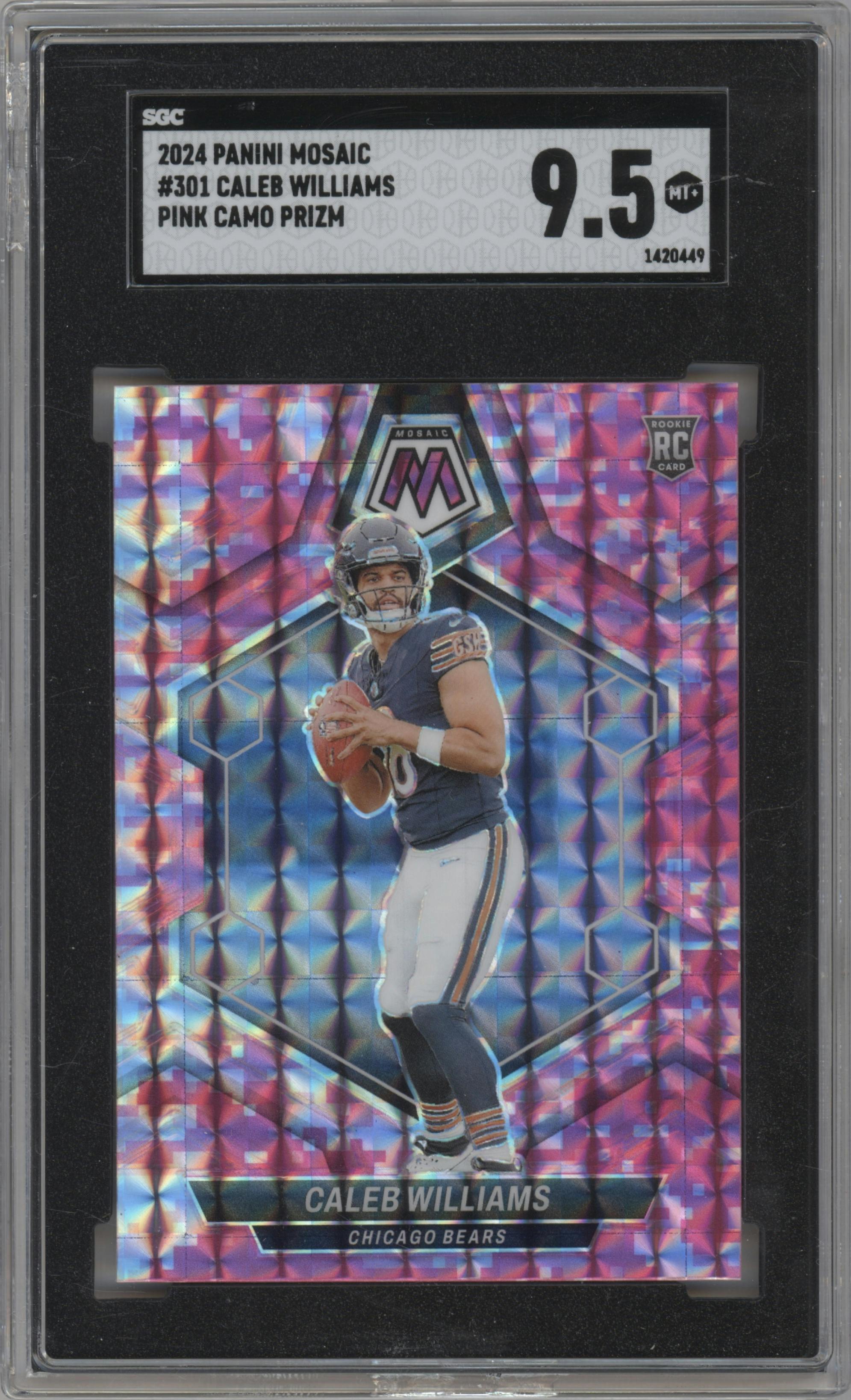 Caleb Williams from the 2024 Panini Mosaic set featuring a Pink Camo parallel graded by SGC and given an overall grade of 9.5.