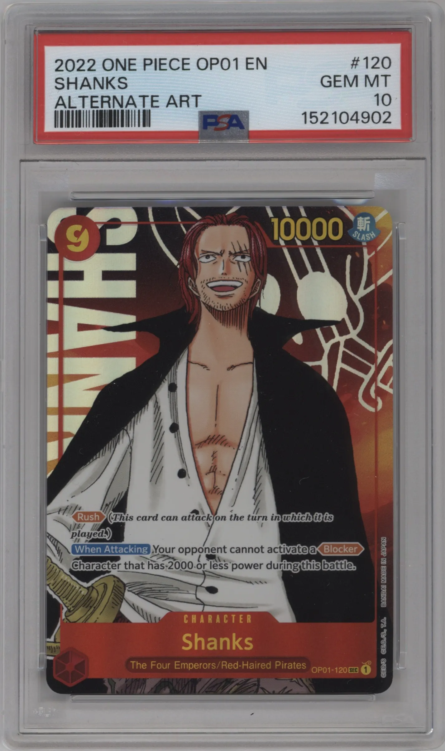 2022 One Piece Romance Dawn Shanks Alternate Art SEC #OP01-120 SEC PSA 10
