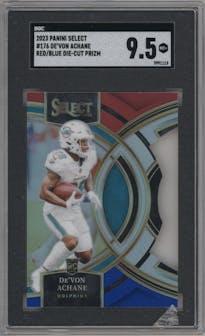 De'Von Achane from the 2023 Panini Select set featuring a Die-Cut Red/Blue parallel graded by SGC and given an overall grade of 9.5.