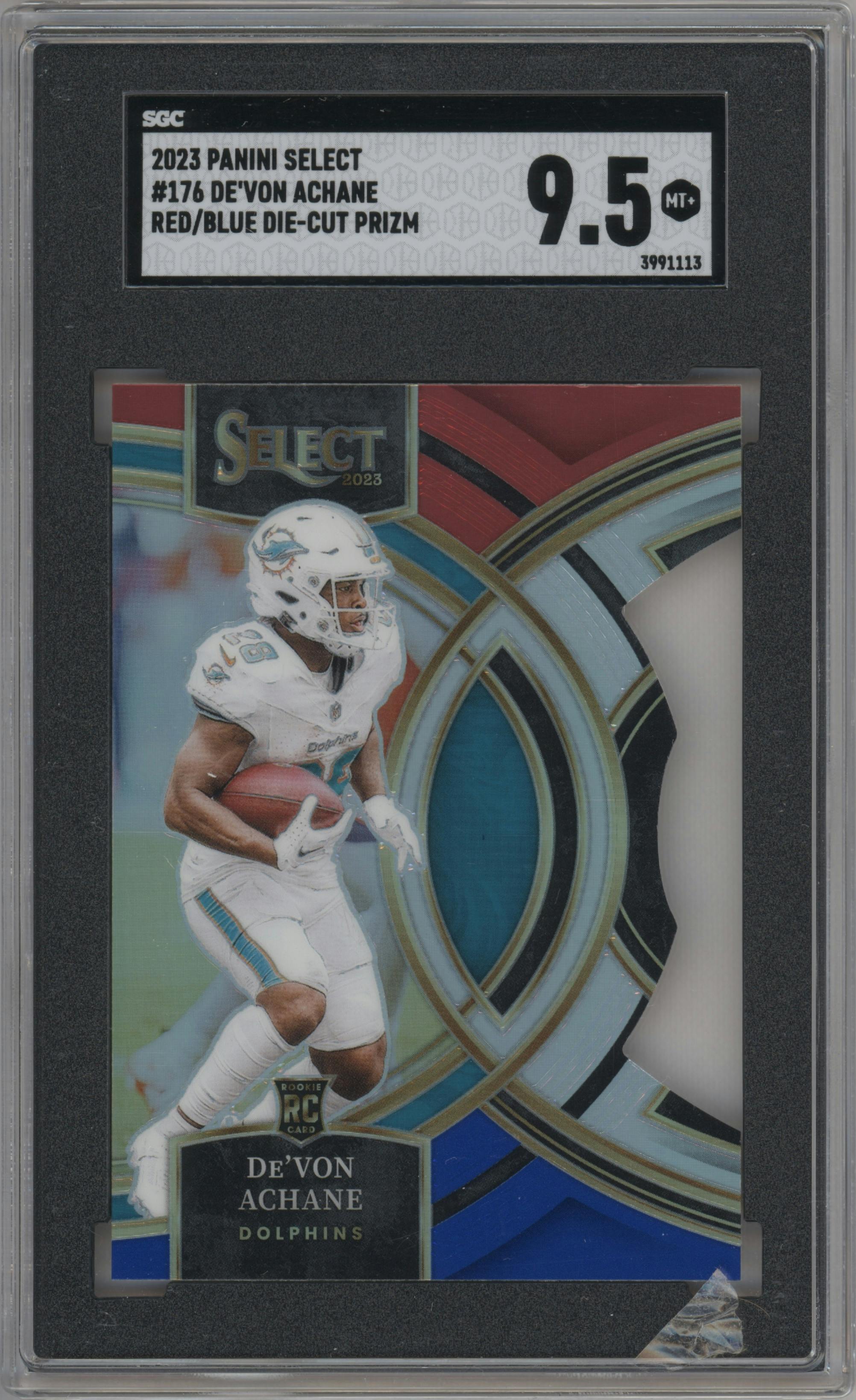 De'Von Achane from the 2023 Panini Select set featuring a Die-Cut Red/Blue parallel graded by SGC and given an overall grade of 9.5.