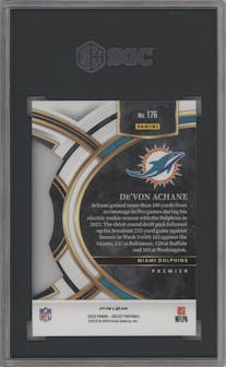 De'Von Achane from the 2023 Panini Select set featuring a Die-Cut Red/Blue parallel graded by SGC and given an overall grade of 9.5.