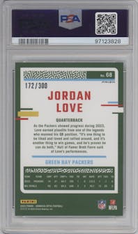Jordan Love from the 2023 Donruss Optic set featuring a Wave  parallel graded by PSA and given an overall grade of 10.
