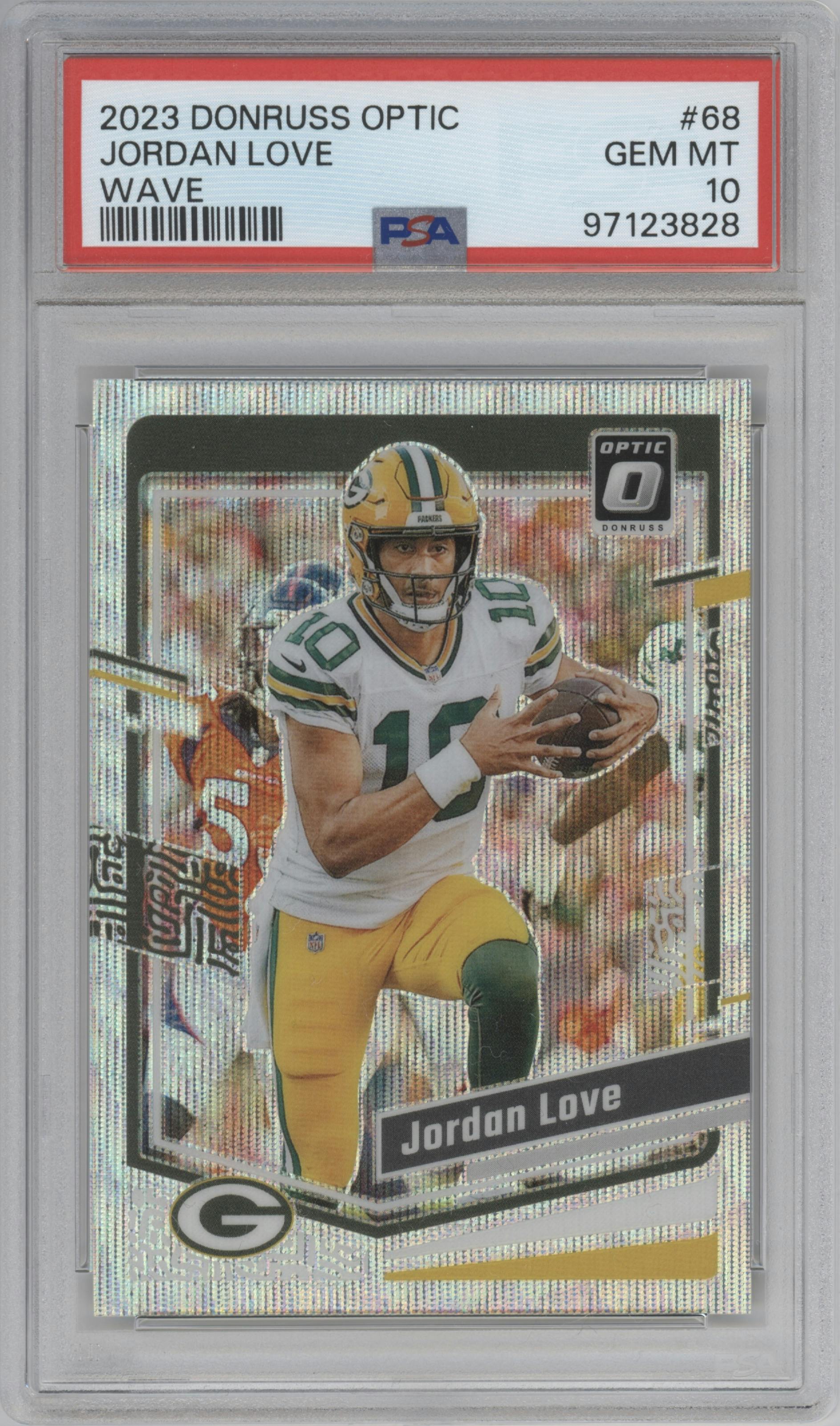 Jordan Love from the 2023 Donruss Optic set featuring a Wave  parallel graded by PSA and given an overall grade of 10.
