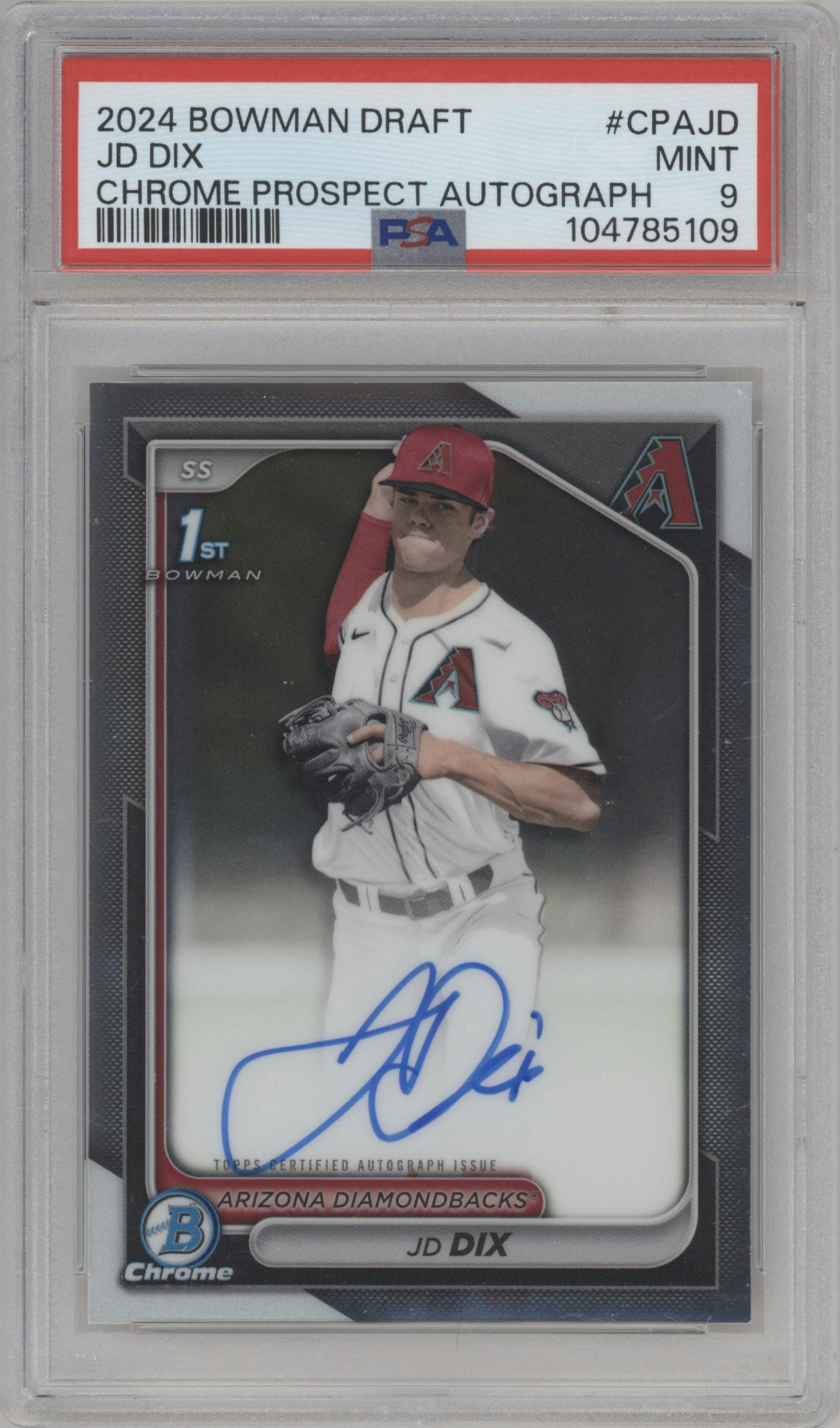 JD Dix from the 2024 Bowman Draft set graded by PSA and given an overall grade of 9.
