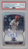 Carlos De La Cruz from the 2023 Bowman Chrome set featuring a HTA Choice Refractor parallel graded by PSA and given an overall grade of 10.