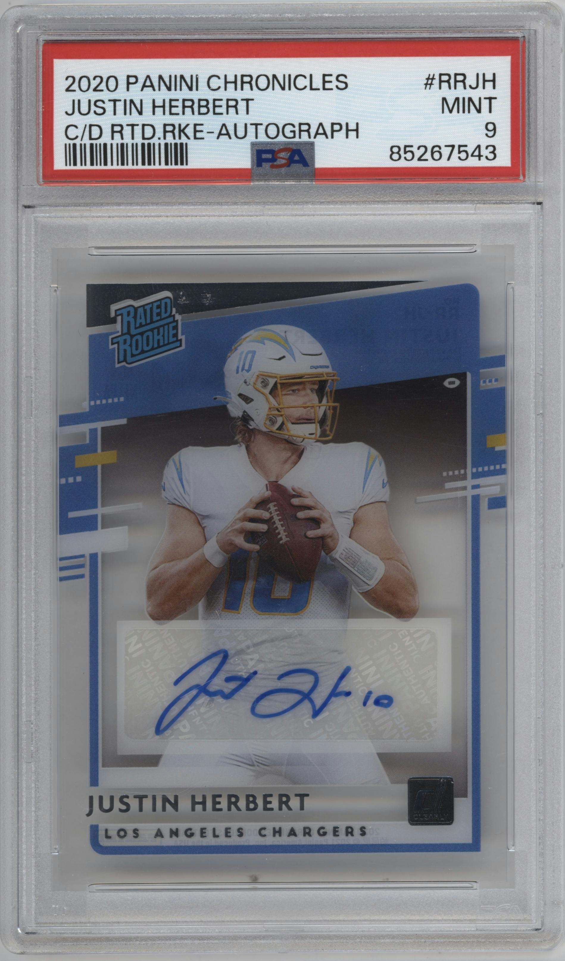 Justin Herbert from the 2020 Panini Chronicles set graded by PSA and given an overall grade of 9.