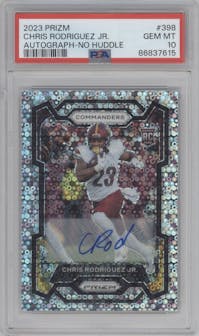 Chris Rodriguez Jr. from the 2023 Panini Prizm set featuring a No Huddle parallel graded by PSA and given an overall grade of 10.