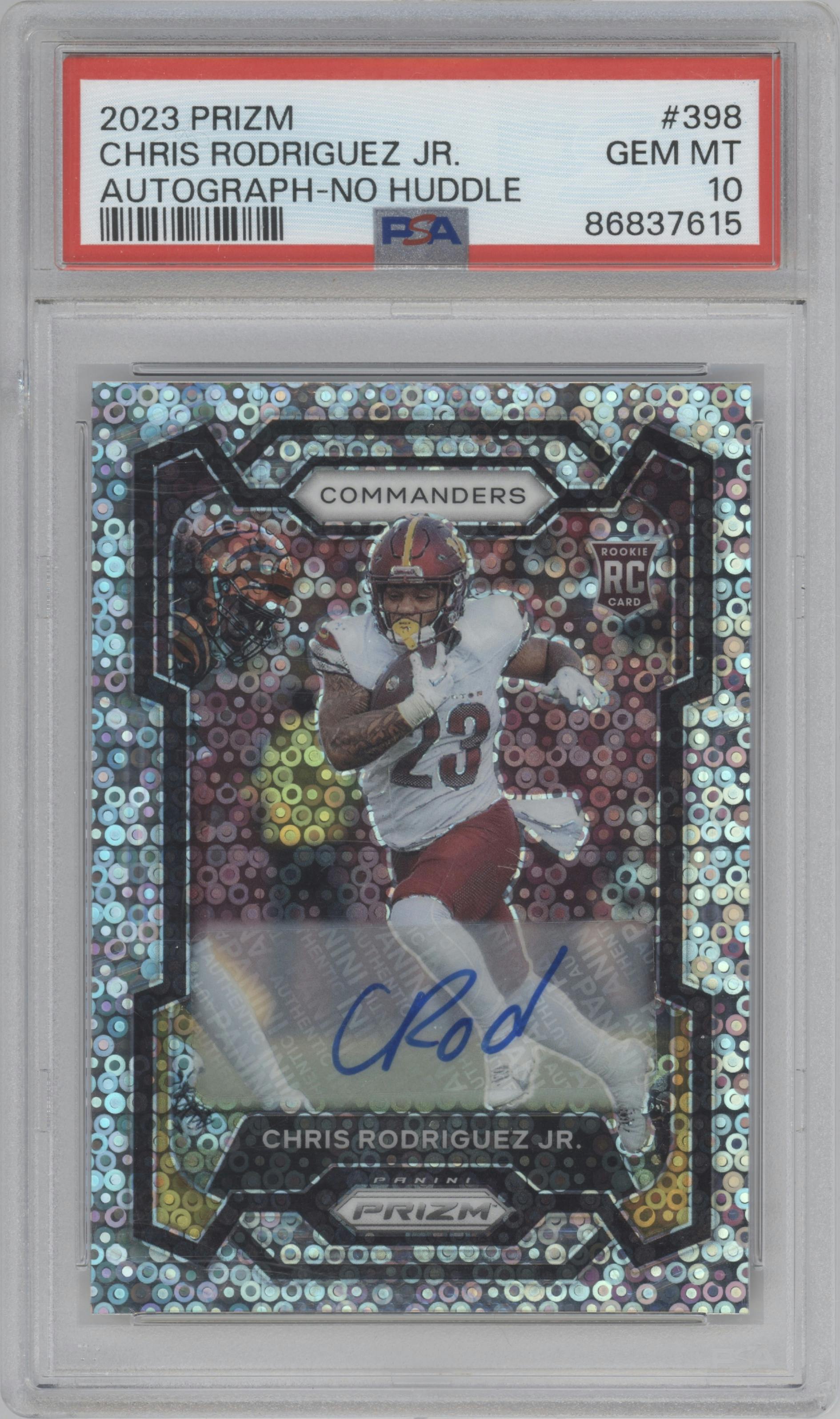 Chris Rodriguez Jr. from the 2023 Panini Prizm set featuring a No Huddle parallel graded by PSA and given an overall grade of 10.