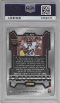 Chris Rodriguez Jr. from the 2023 Panini Prizm set featuring a No Huddle parallel graded by PSA and given an overall grade of 10.