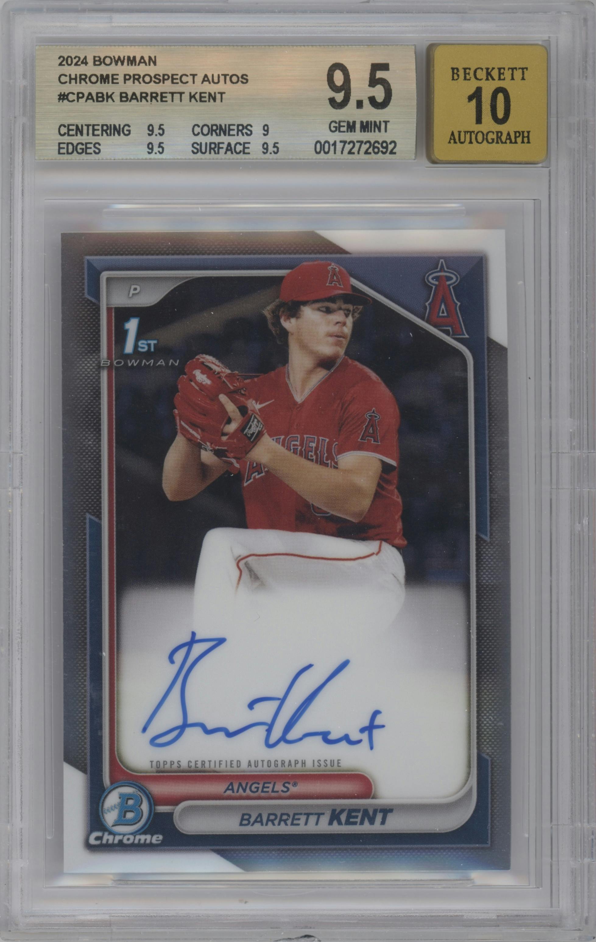 Barrett Kent from the 2024 Bowman set graded by Beckett and given an overall grade of 9.5.
