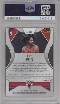 Coby White from the 2019-20 Panini Prizm set featuring a Green Prizm parallel graded by PSA and given an overall grade of 10.