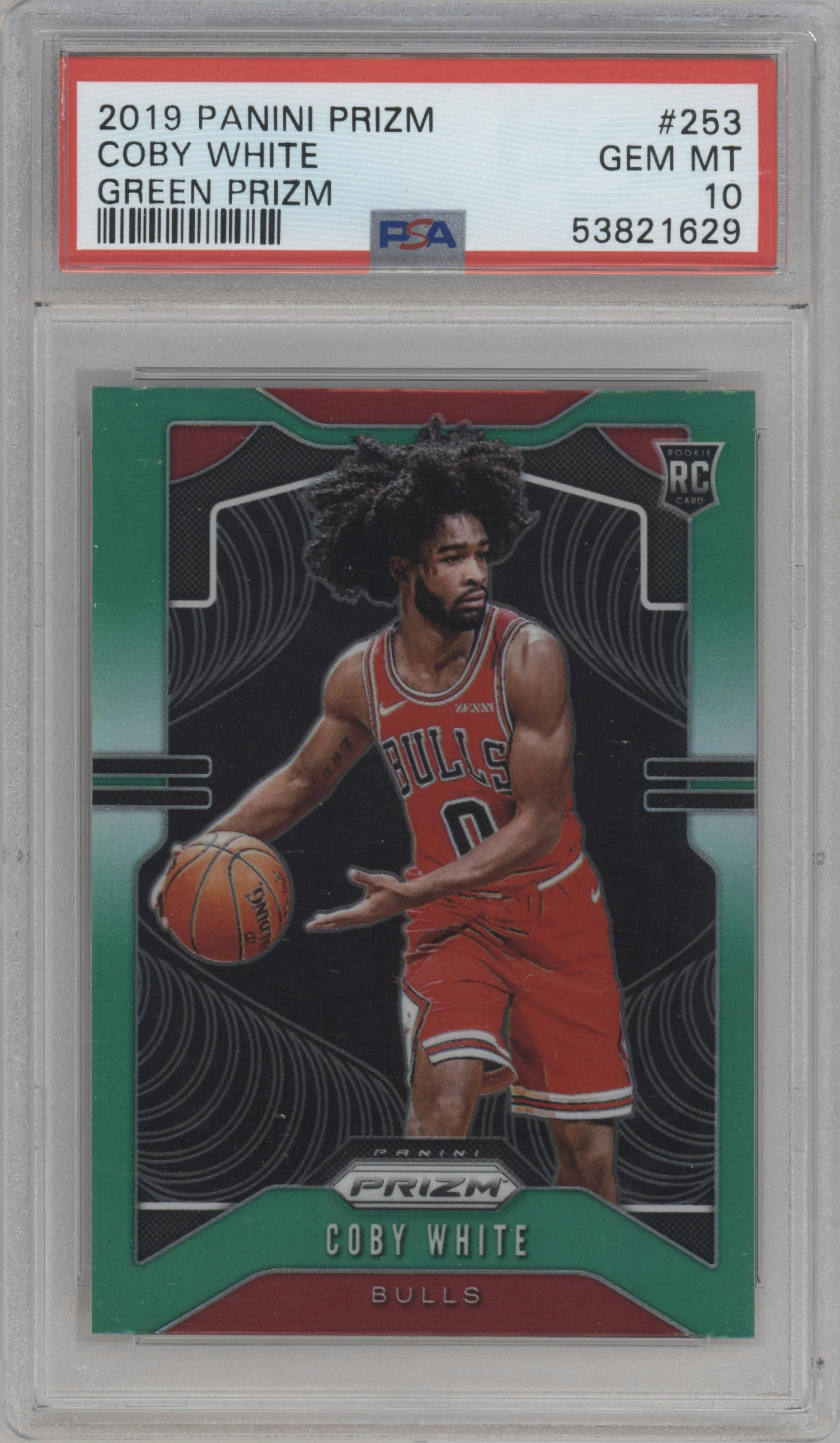 Coby White from the 2019-20 Panini Prizm set featuring a Green Prizm parallel graded by PSA and given an overall grade of 10.