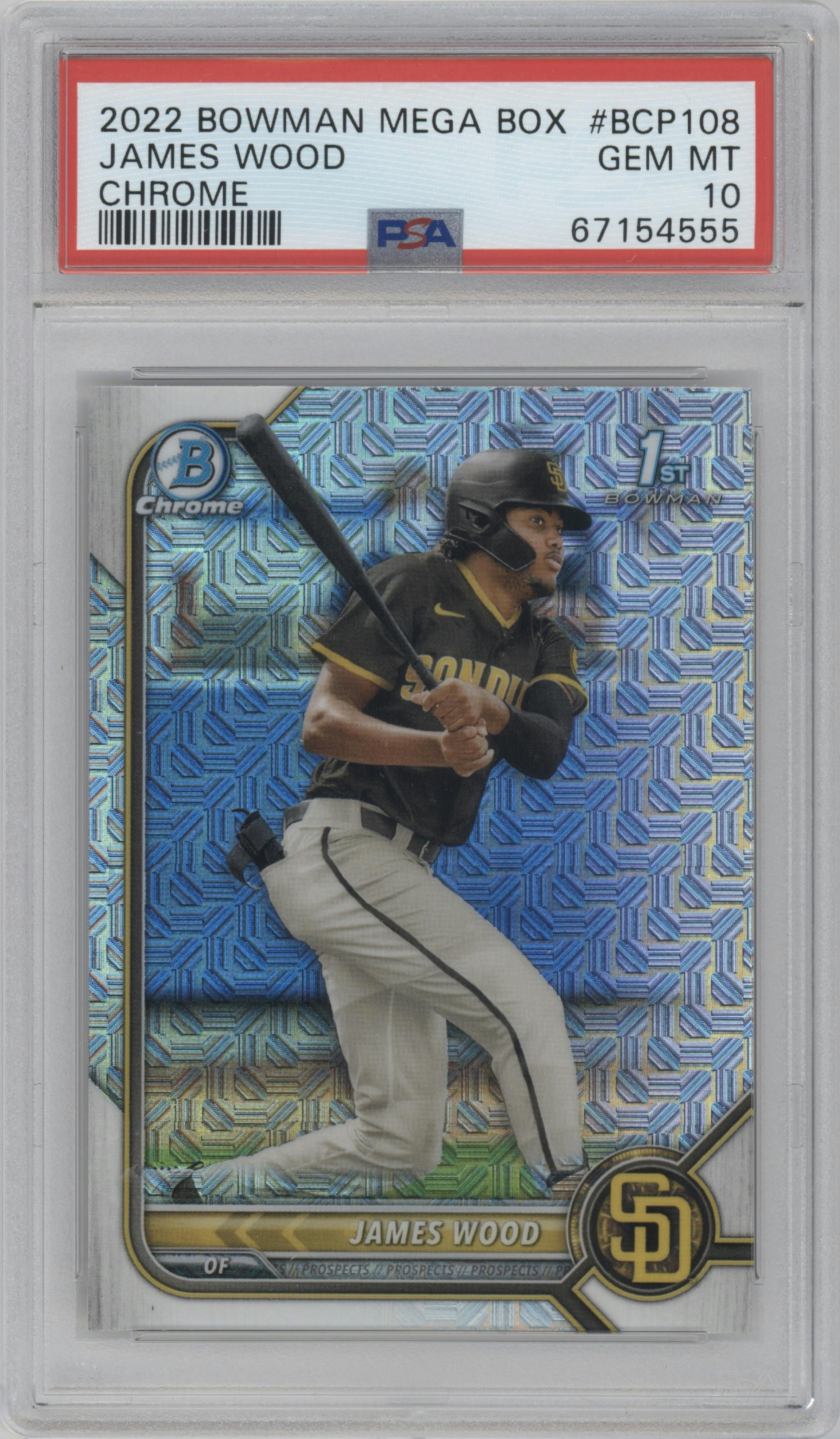 James Wood from the 2022 Bowman Mega Box set graded by PSA and given an overall grade of 10.