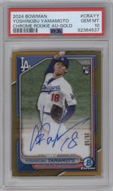 Yoshinobu Yamamoto from the 2024 Bowman set featuring a Gold Refractor parallel graded by PSA and given an overall grade of 10.