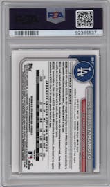 Yoshinobu Yamamoto from the 2024 Bowman set featuring a Gold Refractor   parallel graded by PSA and given an overall grade of 10.