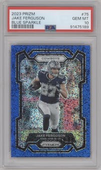 Jake Ferguson  from the 2023 Panini Prizm set featuring a Blue Sparkle parallel graded by PSA and given an overall grade of 10.