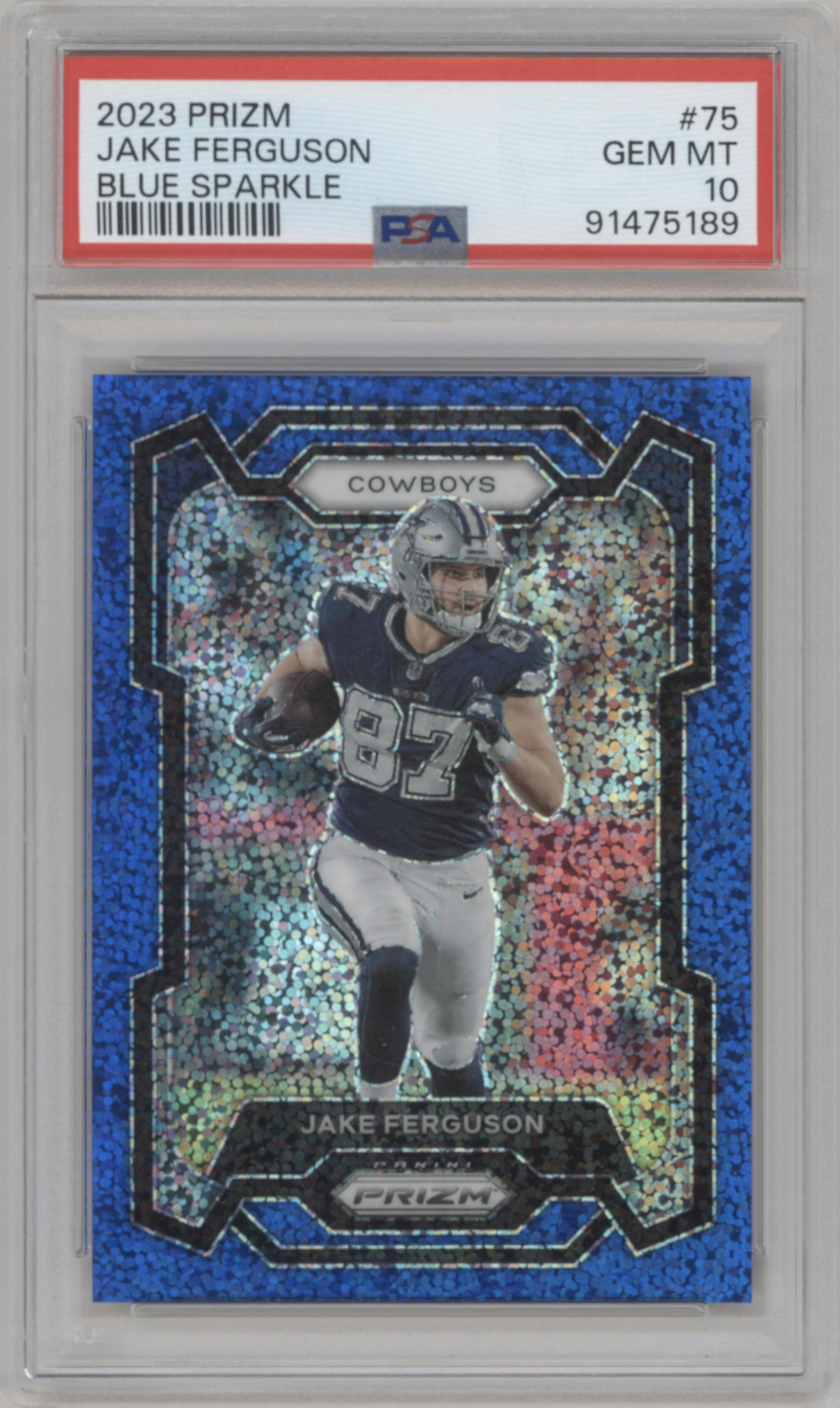 Jake Ferguson  from the 2023 Panini Prizm set featuring a Blue Sparkle parallel graded by PSA and given an overall grade of 10.