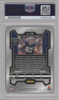 Jake Ferguson  from the 2023 Panini Prizm set featuring a Blue Sparkle parallel graded by PSA and given an overall grade of 10.