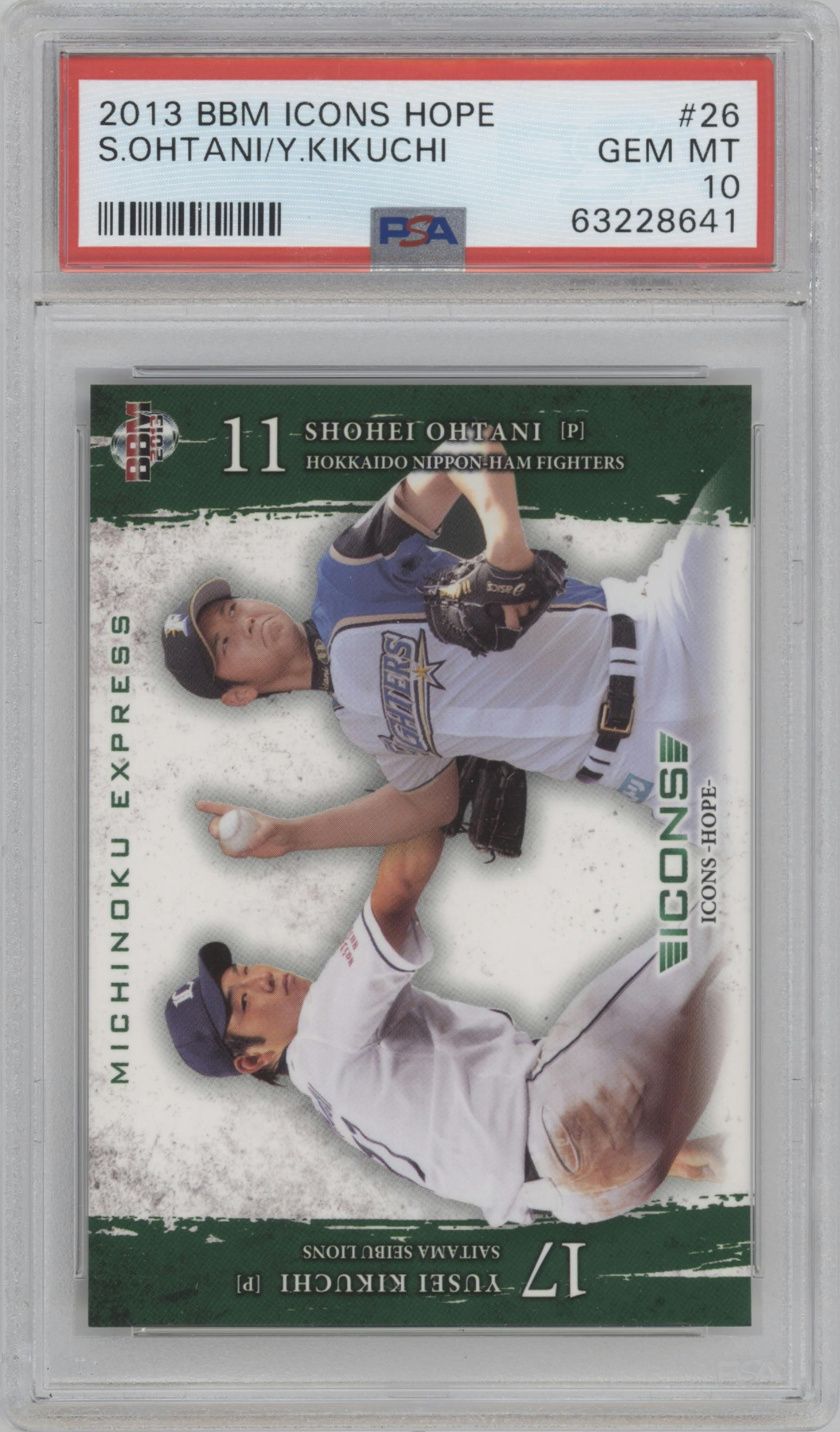 Yusei Kikuchi / Shohei Ohtani from the 2013 BBM Icons Hope set graded by PSA and given an overall grade of 10.
