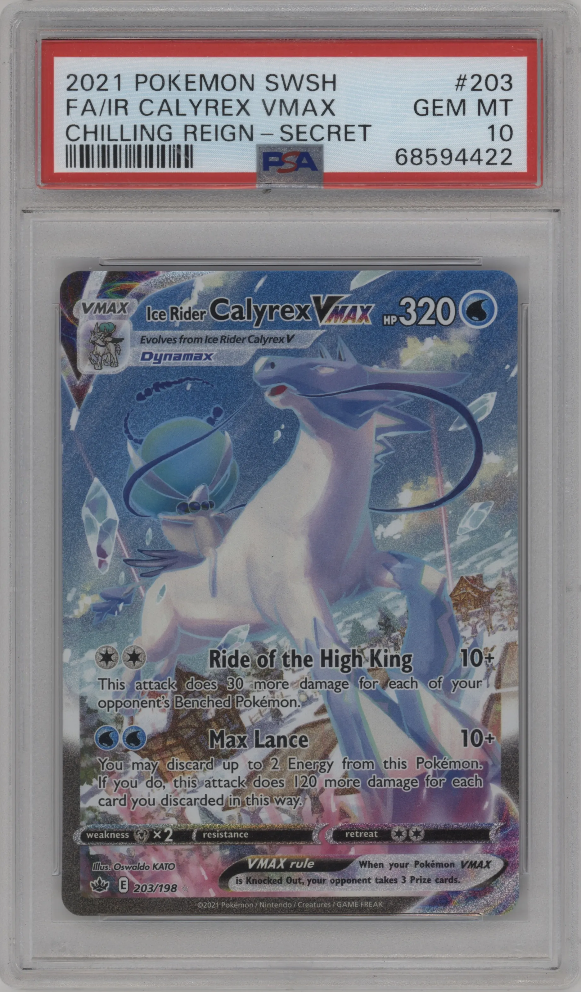 Ice Rider Calyrex VMAX from the 2021 Pokemon SWSH set graded by PSA and given an overall grade of 10.