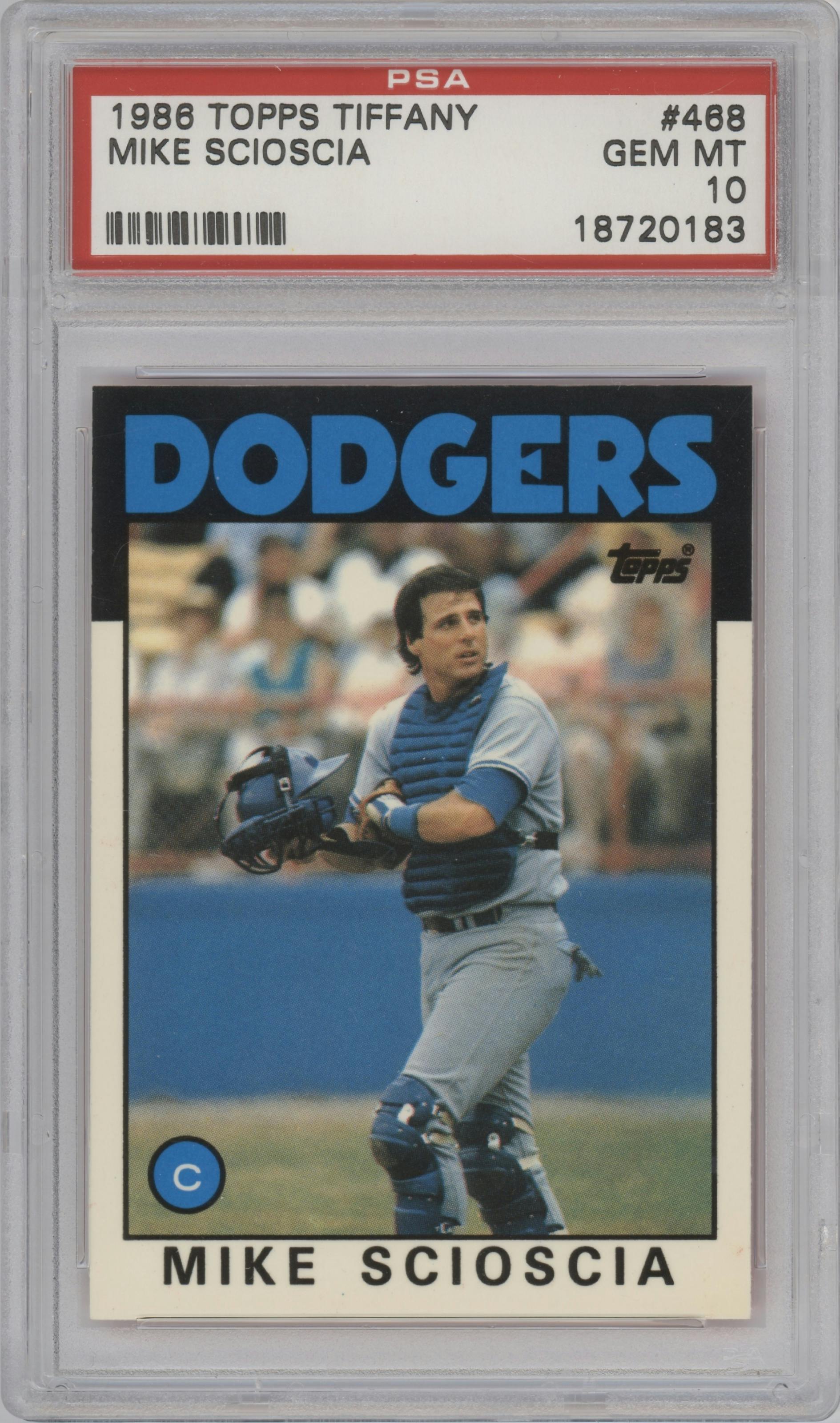 Mike Scioscia from the 1986 Topps set featuring a Tiffany parallel graded by PSA and given an overall grade of 10.