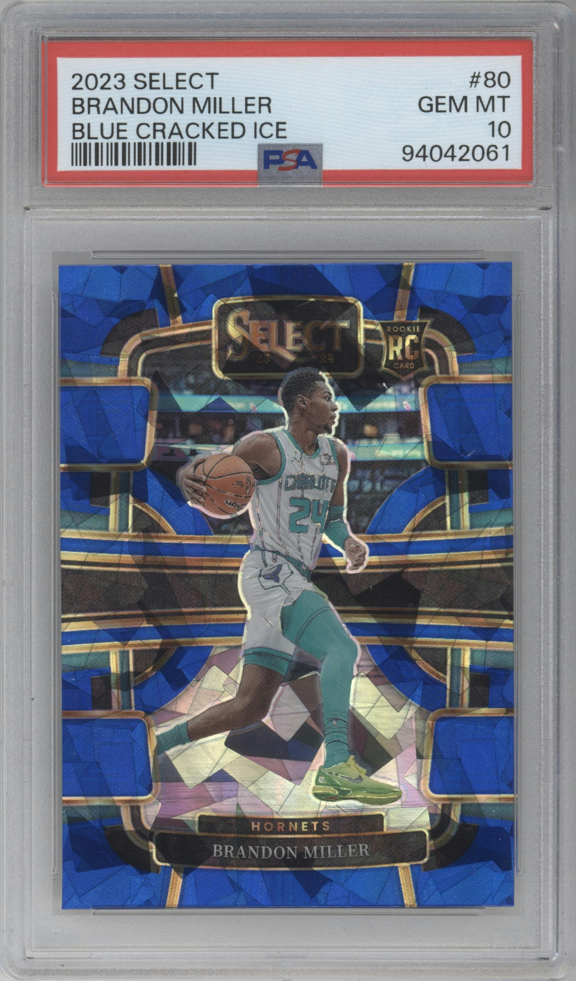 Brandon Miller from the 2023-24 Panini Select  set featuring a Blue Cracked Ice parallel graded by PSA and given an overall grade of 10.