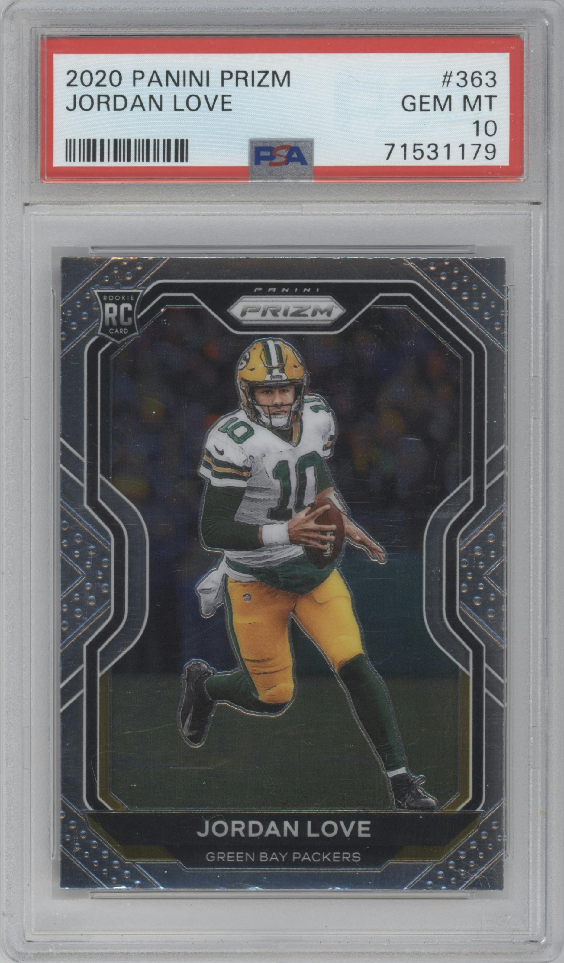 Jordan Love from the 2020 Panini Prizm set graded by PSA and given an overall grade of 10.