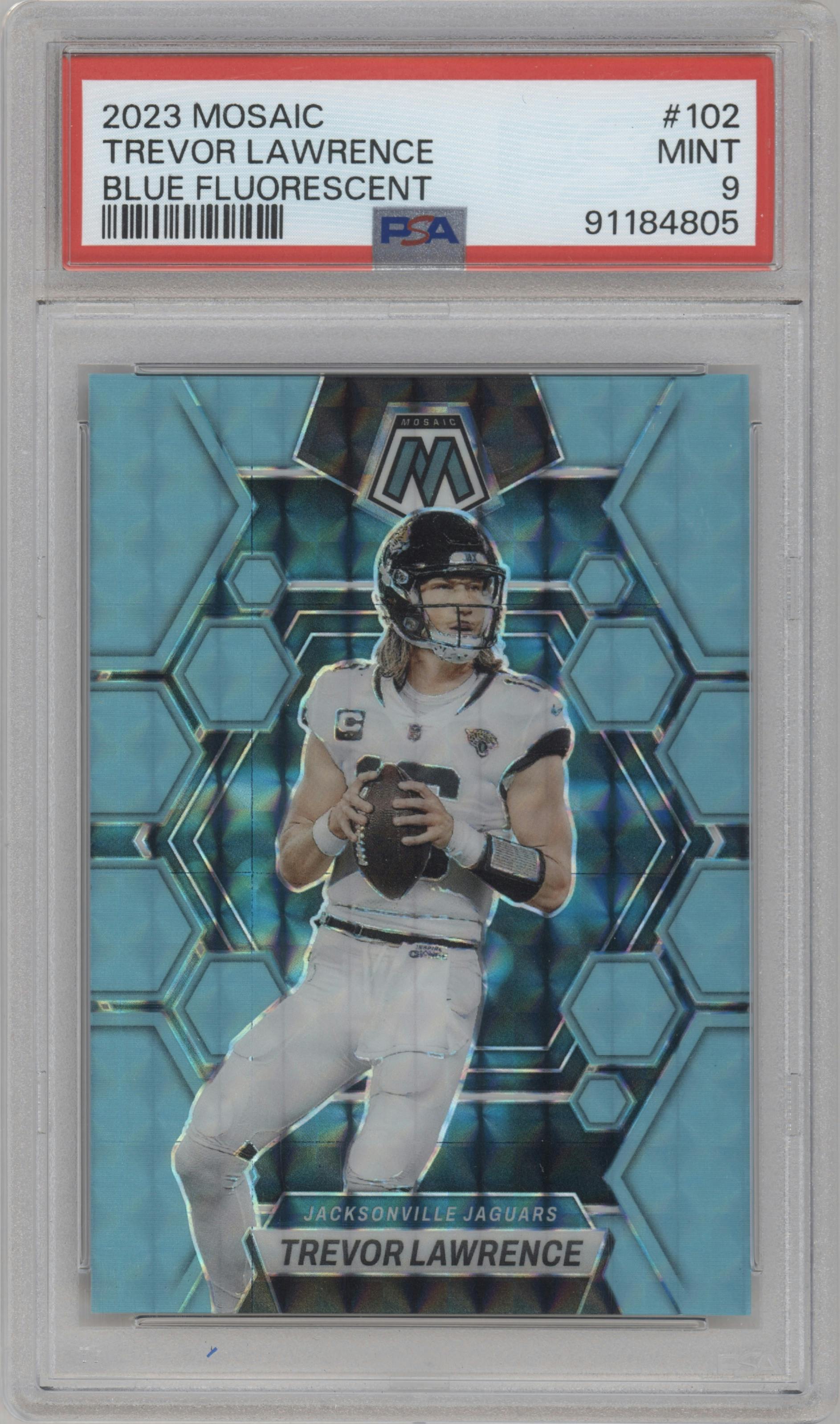 Trevor Lawrence from the 2023 Panini Mosaic set featuring a Blue Fluorescent parallel graded by PSA and given an overall grade of 9.