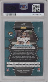 Trevor Lawrence from the 2023 Panini Mosaic set featuring a Blue Fluorescent parallel graded by PSA and given an overall grade of 9.