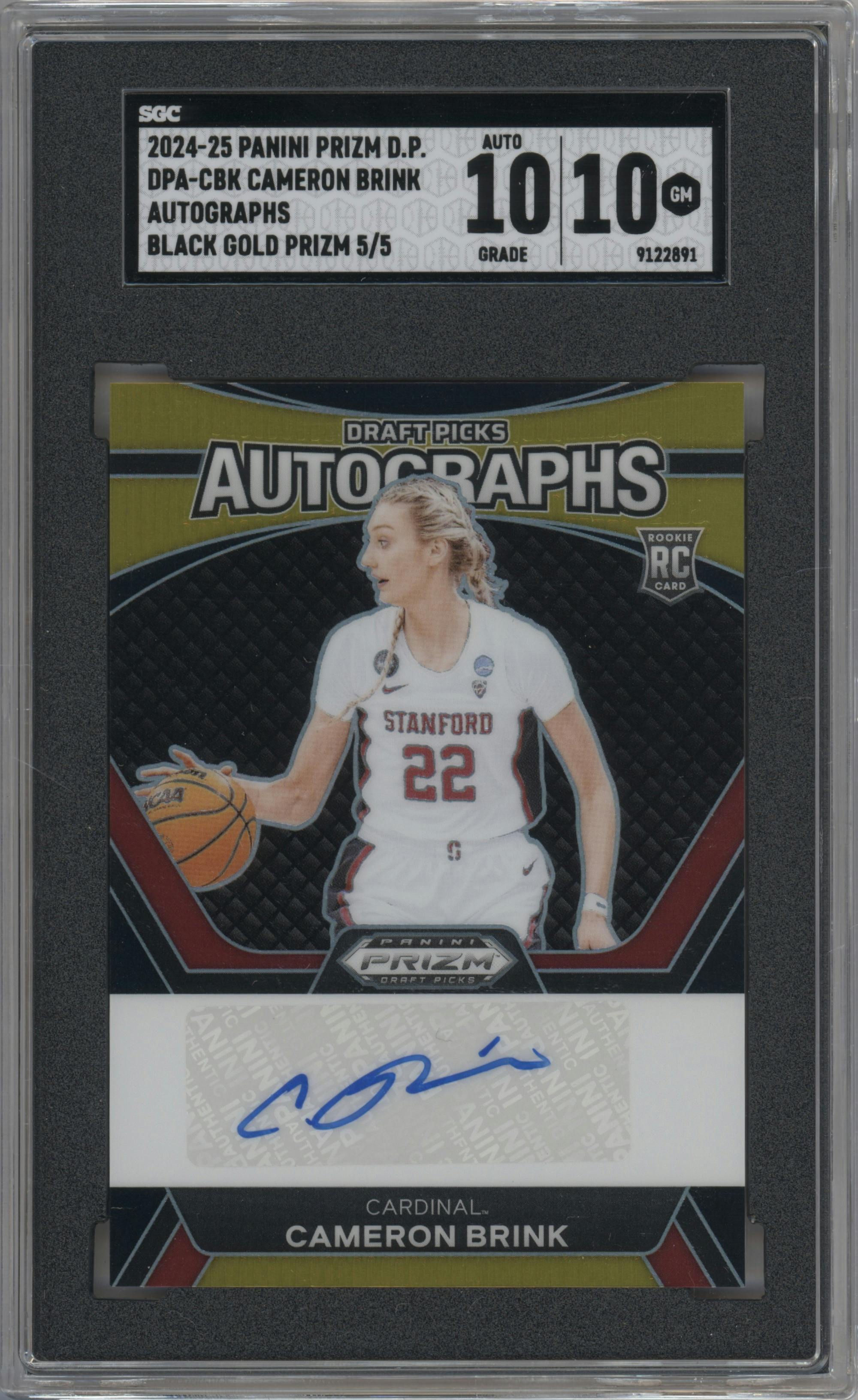 Cameron Brink from the 2024 Panini Prizm Draft Picks set featuring a Black Gold Prizm parallel graded by SGC and given an overall grade of 10.