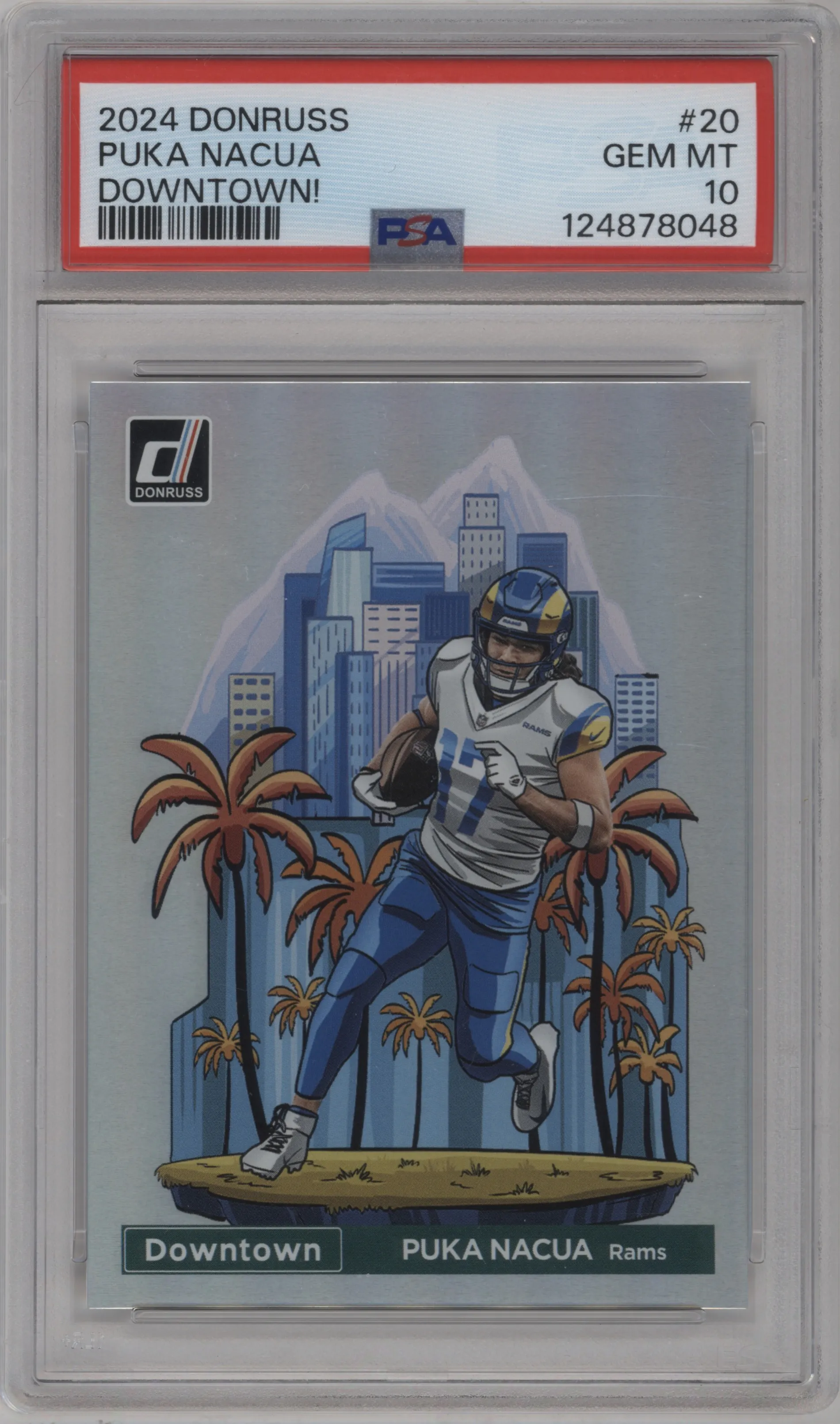 Puka Nacua from the 2024 Donruss set graded by PSA and given an overall grade of 10.